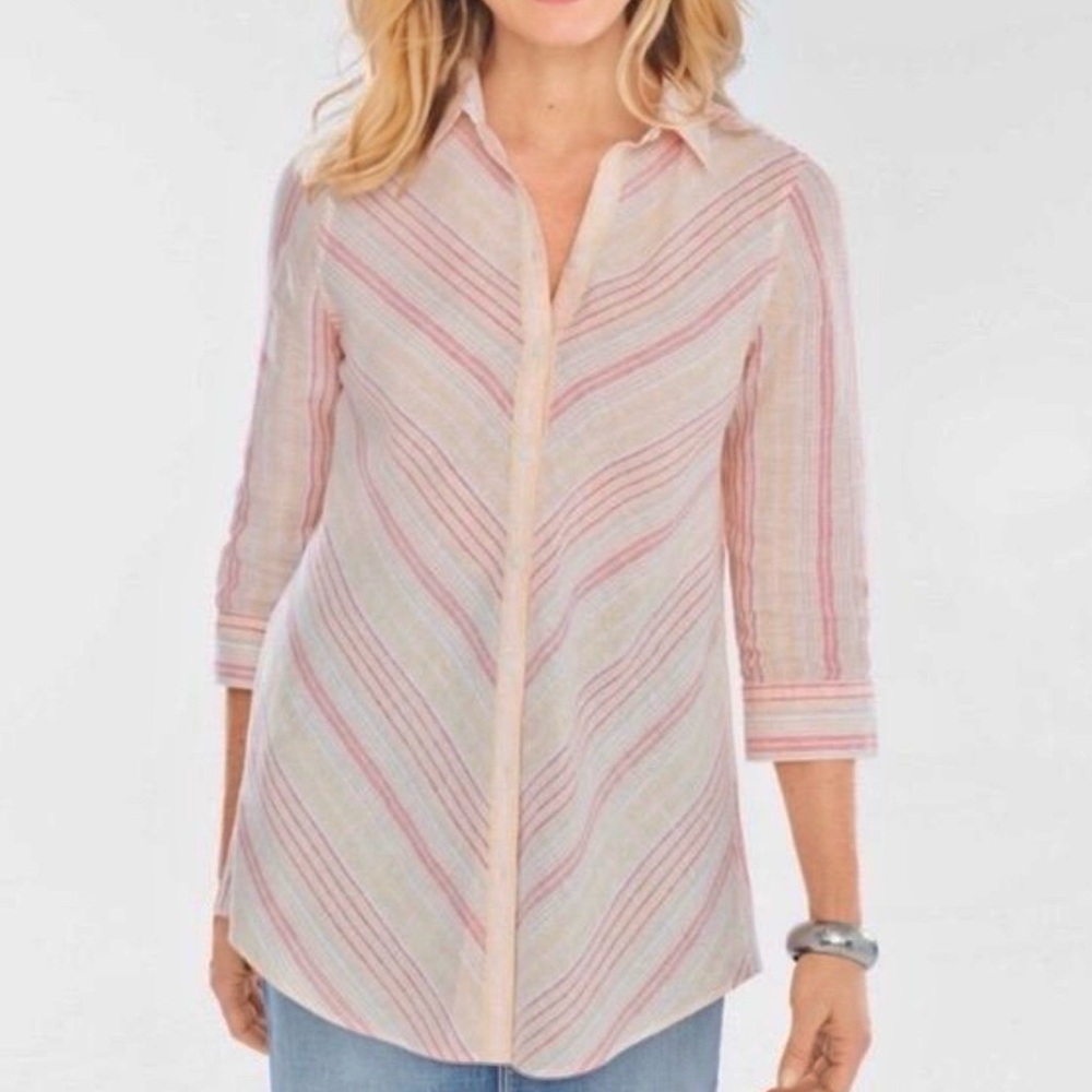 Chico’s Striped Pink Coral 100% linen Top sz M-L